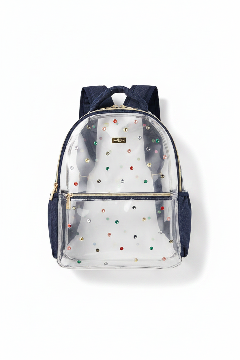 Clear backpack with multicolored studs and navy accents on a white background