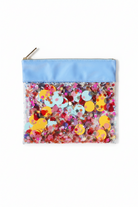 Multicolored floral pouch with a light blue top section on a white background