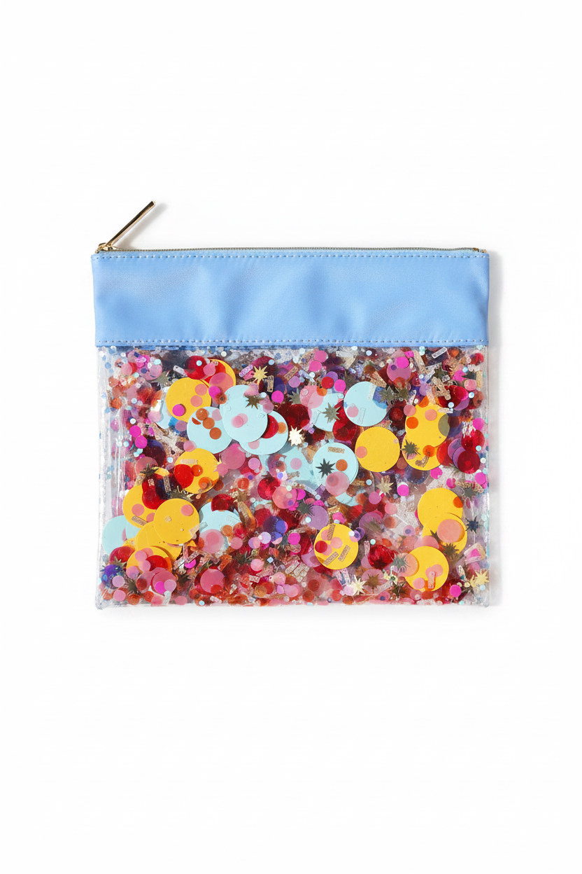 Multicolored floral pouch with a light blue top section on a white background