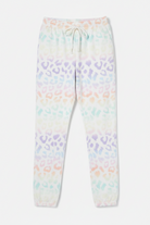 Pastel tie-dye pajama pants on a white background