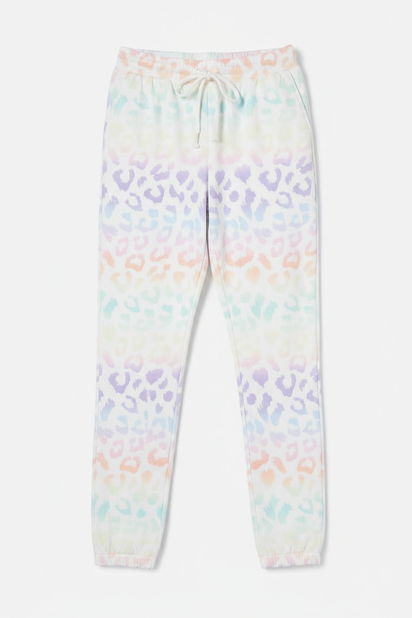 Pastel tie-dye pajama pants on a white background
