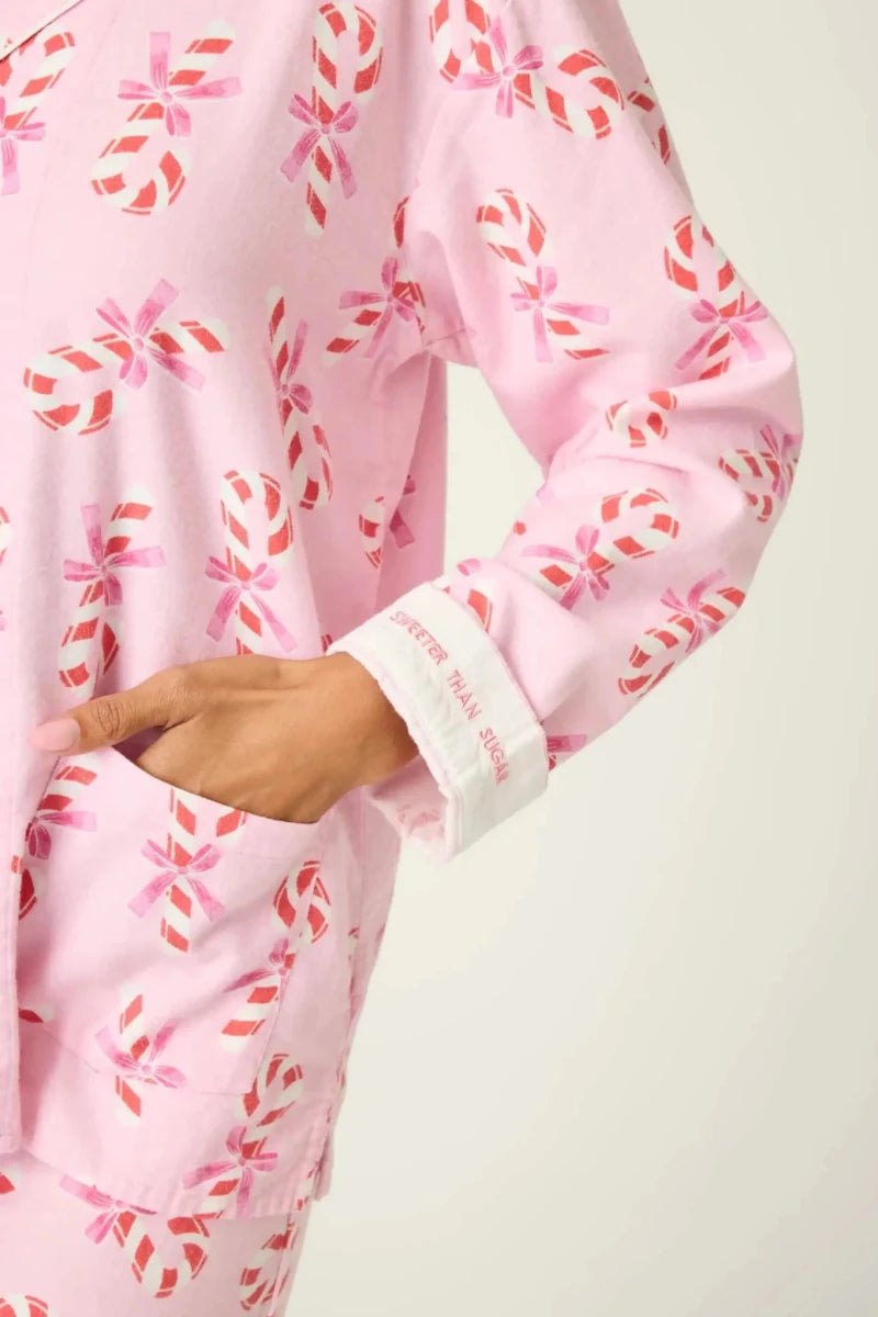 Shop PJ Salvage PJ Salvage Sweeter Than Sugar 3 - Piece Candy Cane Print Flannel PJ Set as seen on Paris Hilton Pyjamas for women – premium loungewear and festival fashion at Spoiled Brat