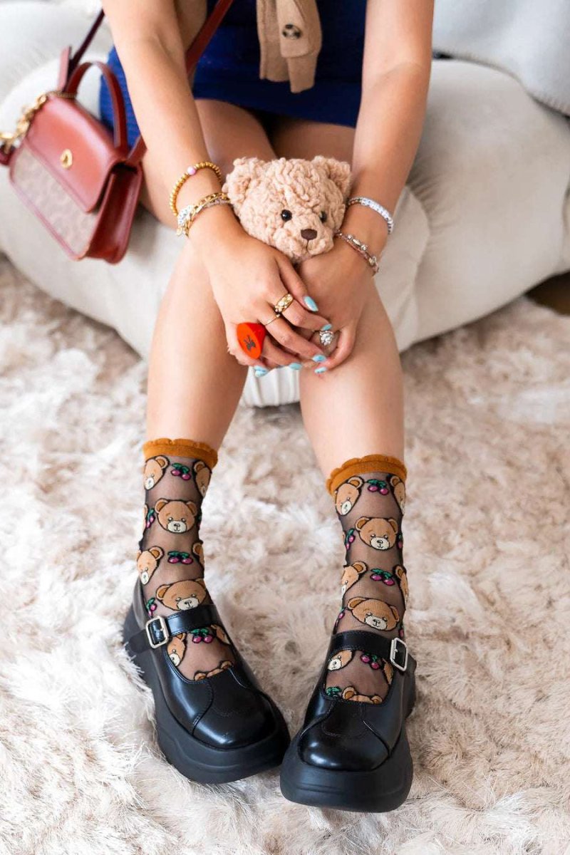 Shop Sock Candy Sock Candy Teddy Bear Ruffle Black Sheer Crew Sock Socks for women – premium loungewear and festival fashion at Spoiled Brat