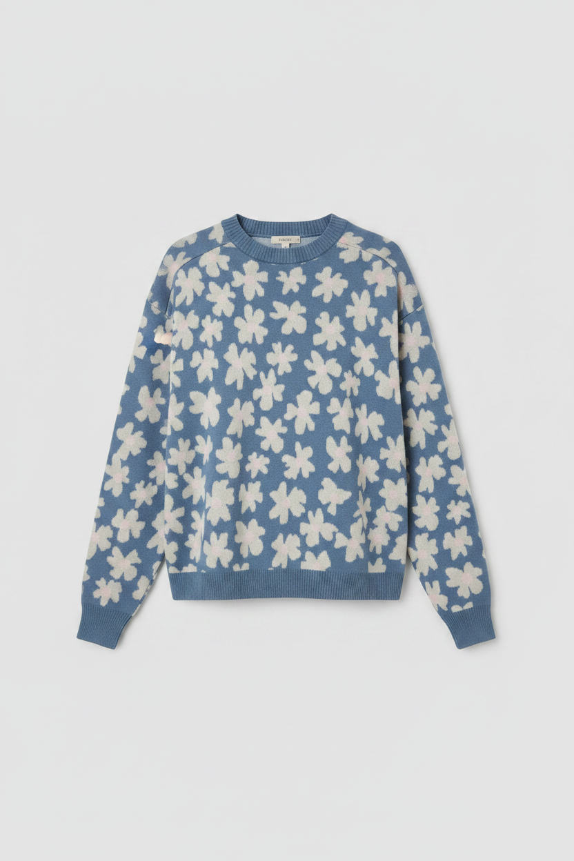 Blue sweater with white floral pattern on a light gray background