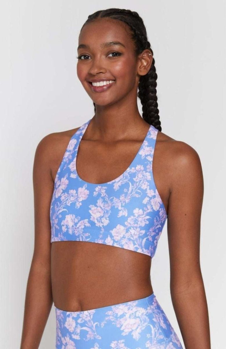 Shop Spiritual Gangster Spiritual Gangster Studio Eco Jersey Sports Bra in Jacaranda Print Cropped Top for women – premium loungewear and festival fashion at Spoiled Brat
