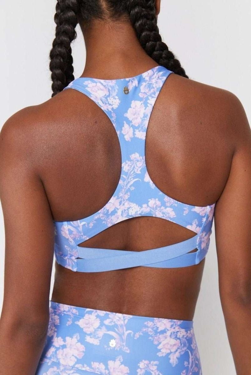 Shop Spiritual Gangster Spiritual Gangster Studio Eco Jersey Sports Bra in Jacaranda Print Cropped Top for women – premium loungewear and festival fashion at Spoiled Brat