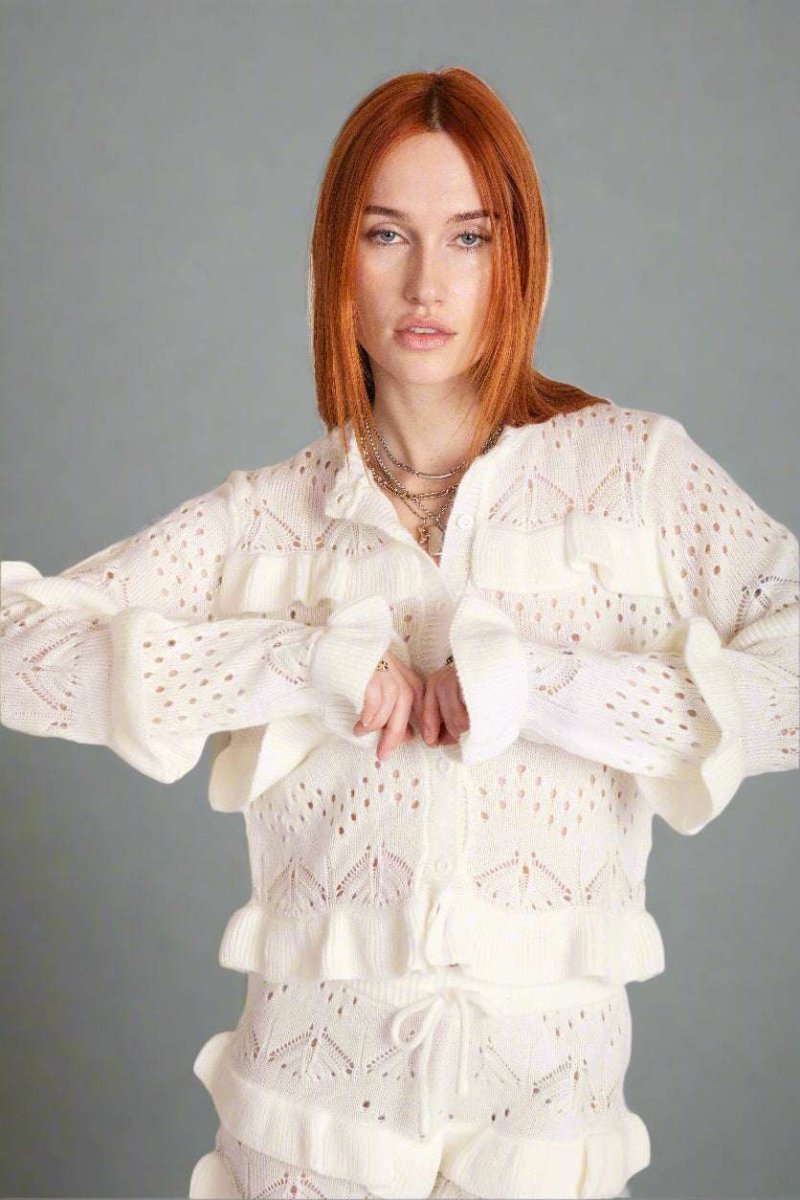 Shop The Ragged Priest The Ragged Priest Delicate Pointelle Frill Cardigan Cardigan for women – premium loungewear and festival fashion at Spoiled Brat