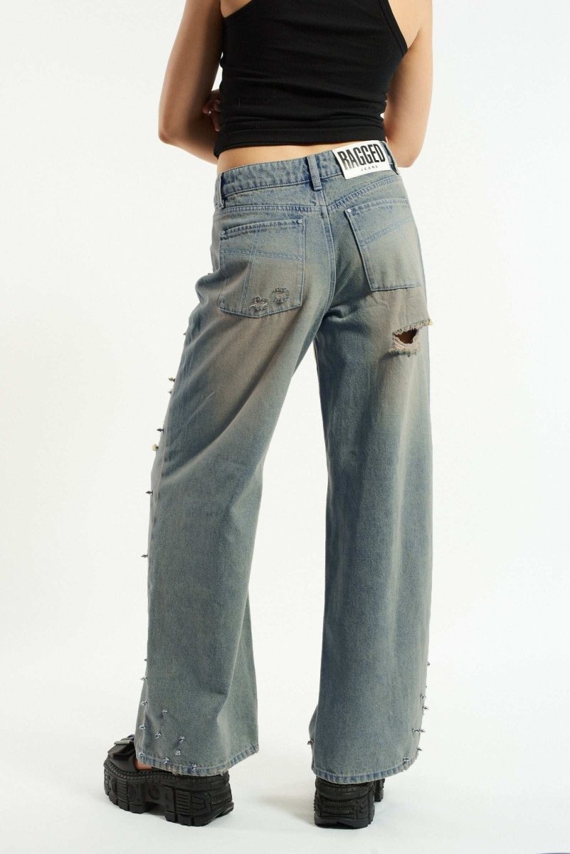 Shop The Ragged Priest The Ragged Priest Dirty Wash Distressed Release Stud Jeans Boyfriend Jeans for women – premium loungewear and festival fashion at Spoiled Brat