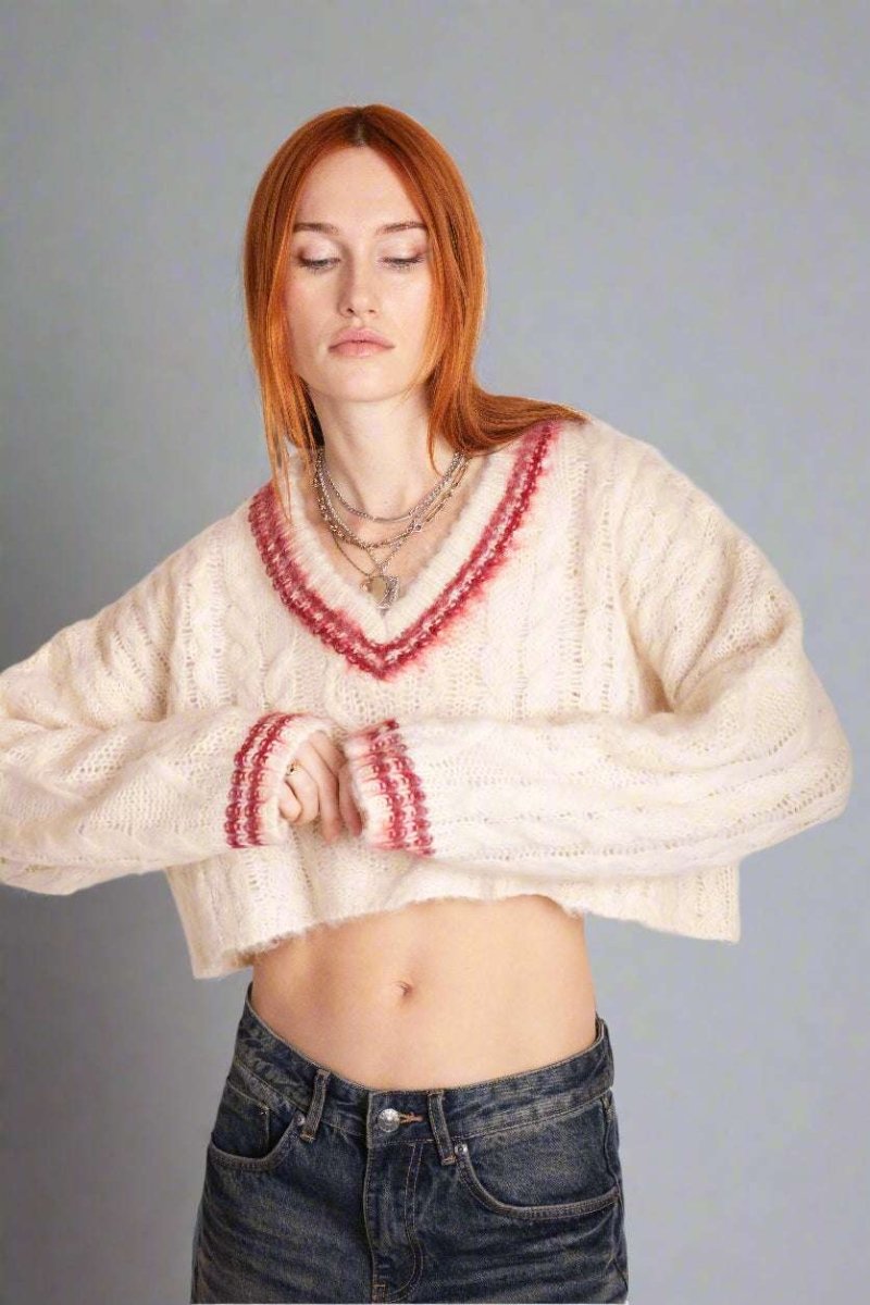 Shop The Ragged Priest The Ragged Priest Load Varsity Crop Cable Knit Jumper Jumper for women – premium loungewear and festival fashion at Spoiled Brat