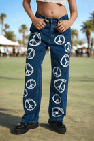 Shop The Ragged Priest The Ragged Priest Peace Printed Dad Jeans as seen on Chloe Sims Boyfriend Jeans for women – premium loungewear and festival fashion at Spoiled Brat