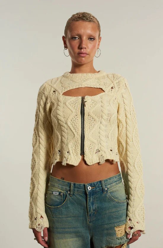 Shop The Ragged Priest The Ragged Priest Saint Zip Cable Knit Jumper Knit Jumper for women – premium loungewear and festival fashion at Spoiled Brat