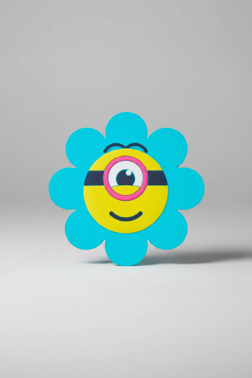 Flower-shaped object with a yellow center and blue petals on a gray background
