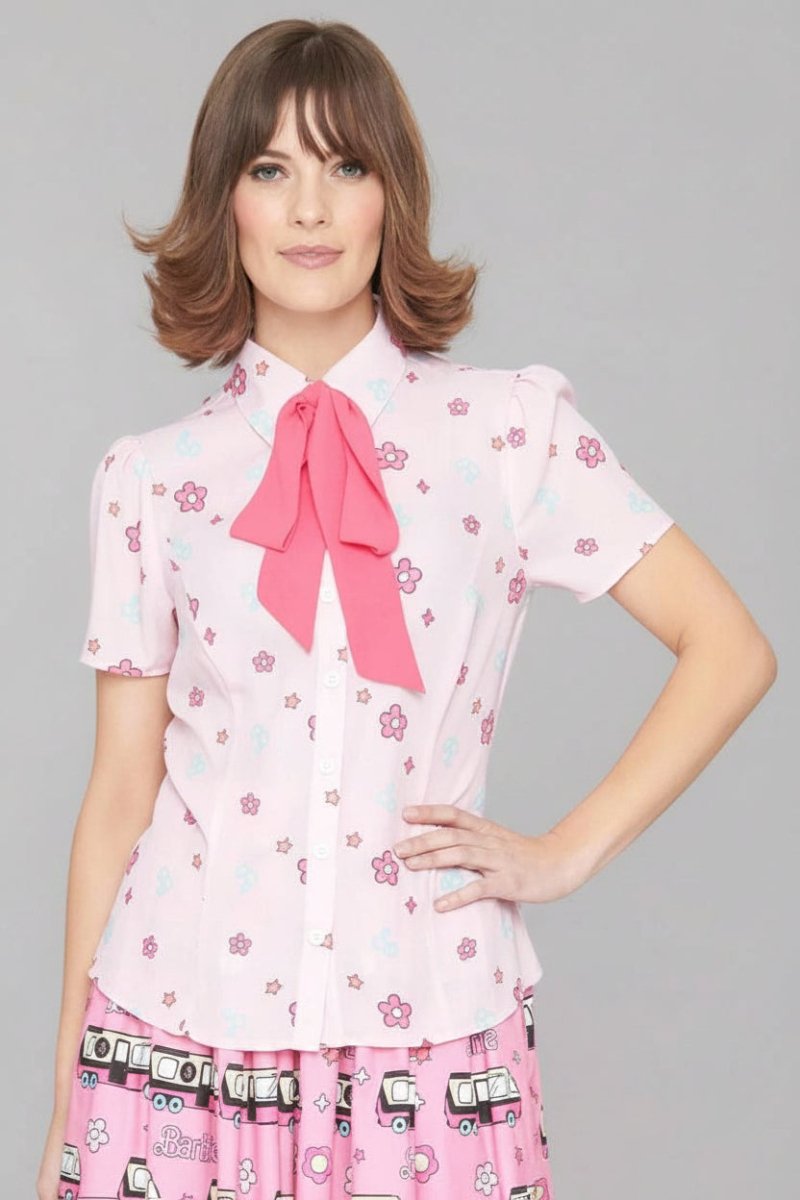 Shop Unique Vintage Barbie X Unique Vintage 1970s Pink Barbie Floral Print Bow Blouse Blouse for women – premium loungewear and festival fashion at Spoiled Brat