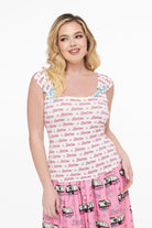 Shop Unique Vintage Barbie X Unique Vintage White & Pink Barbie Print Tank Top Cami Top for women – premium loungewear and festival fashion at Spoiled Brat