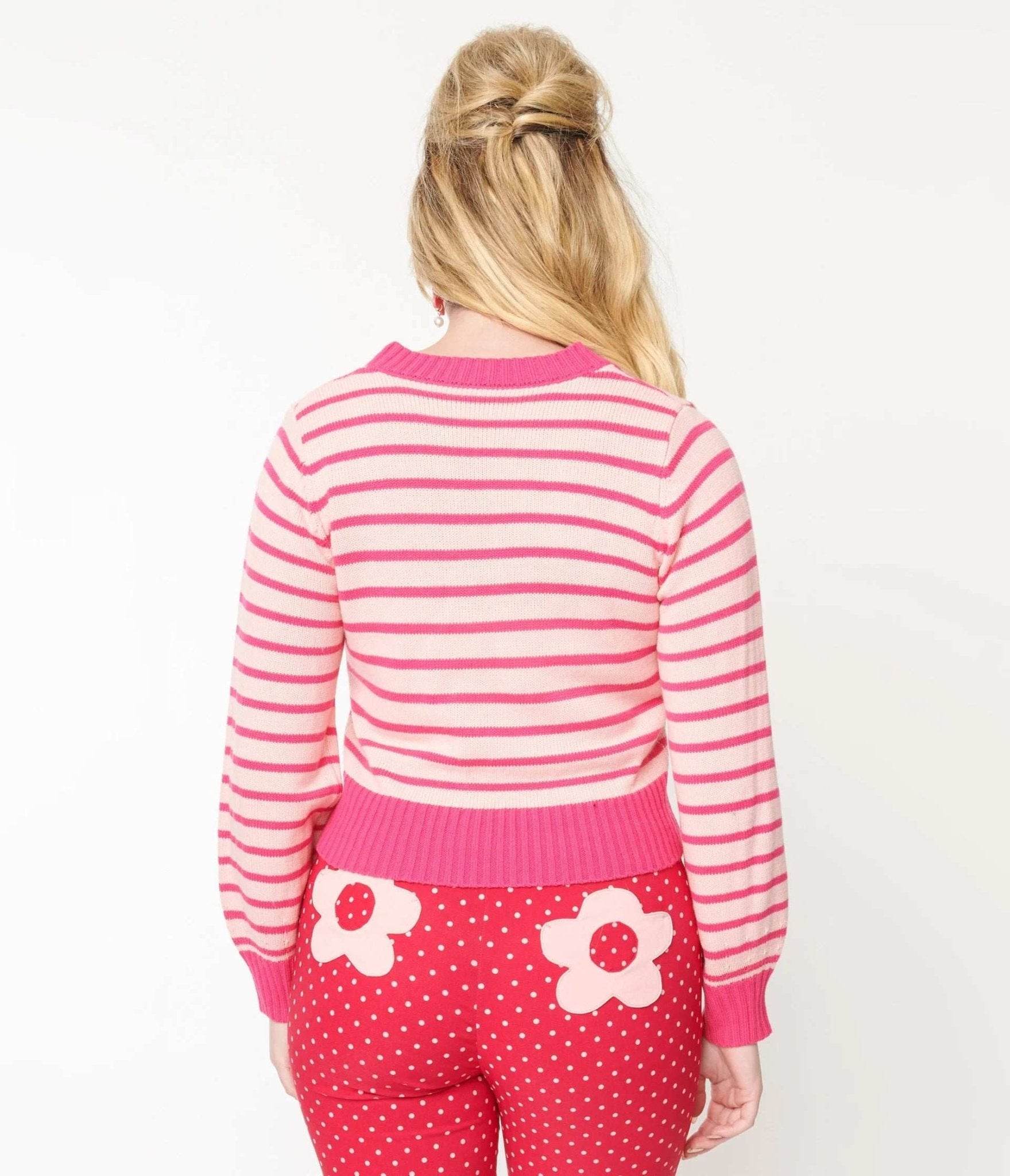 Smak Parlour 1960s Pink Stripes & Strawberry Pocket Cardigan by Unique Vintage – Cardigan – Pink | Spoiled Brat UK