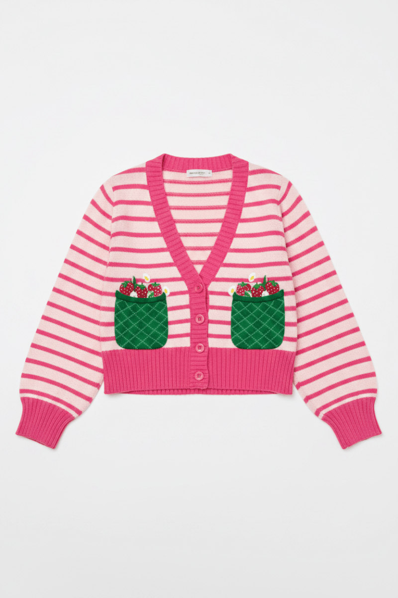 Shop Unique Vintage Smak Parlour 1960s Pink Stripes & Strawberry Pocket Cardigan Cardigan for women – premium loungewear and festival fashion at Spoiled Brat