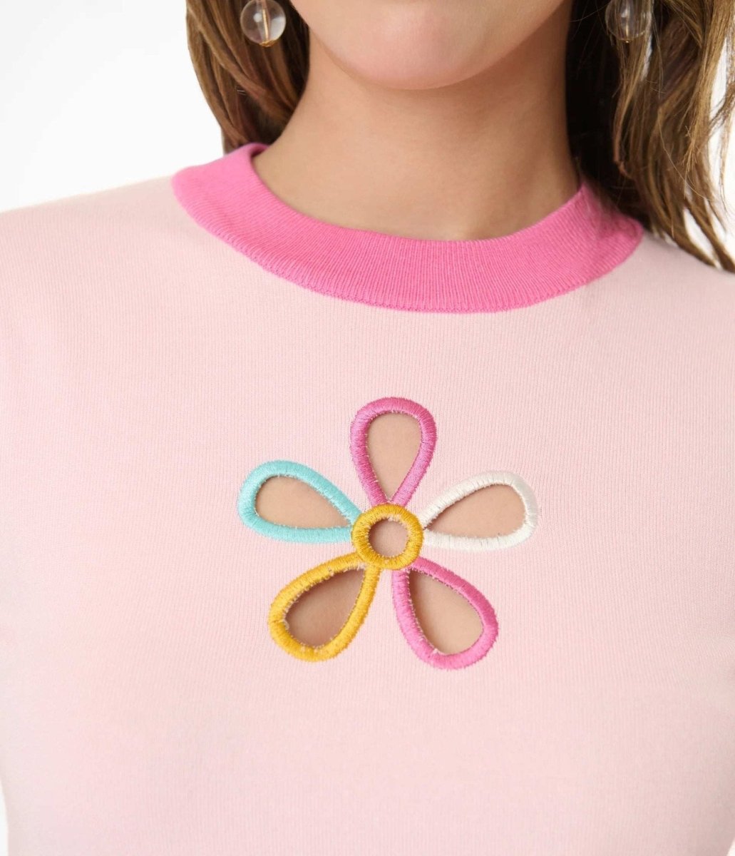 Shop Unique Vintage Smak Parlour Pink & Rainbow Flower Cutout Sweater Top for women – premium loungewear and festival fashion at Spoiled Brat