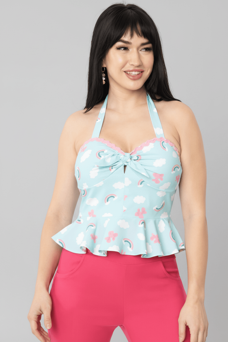 Shop Unique Vintage Unique Vintage Aqua & Rainbow Print Peplum Halter Top Top for women – premium loungewear and festival fashion at Spoiled Brat