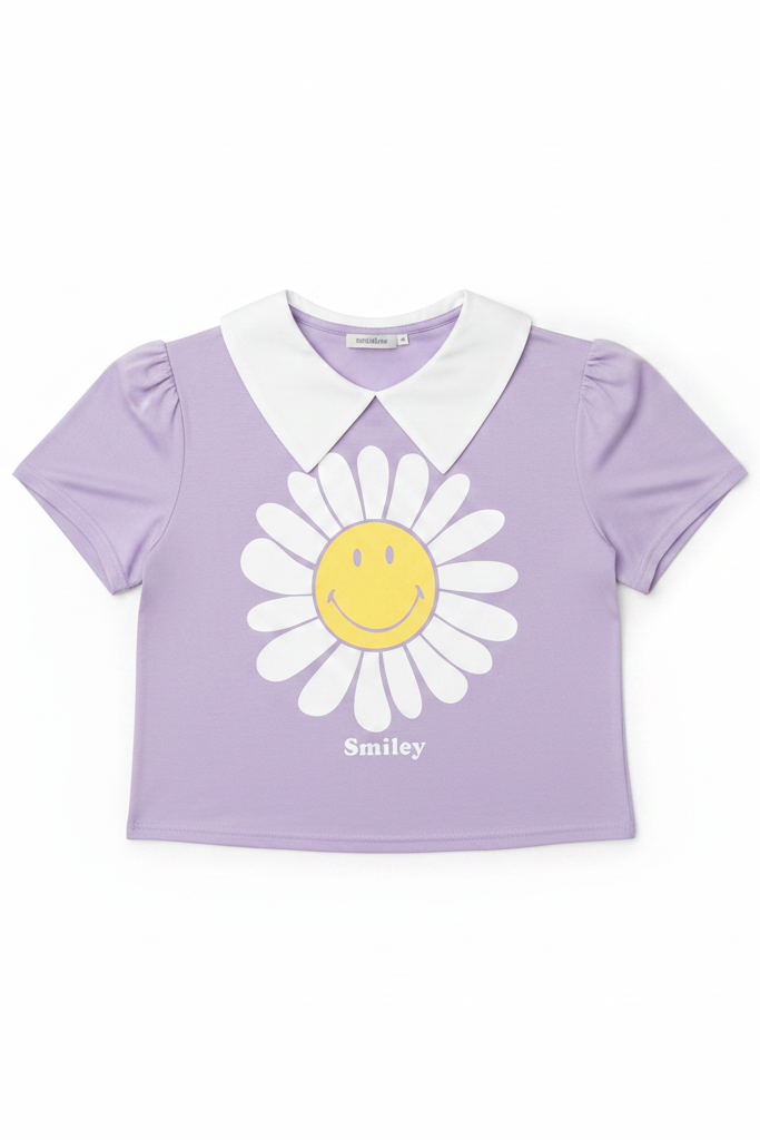 Purple shirt with a white collar and smiley face daisy design on a white background