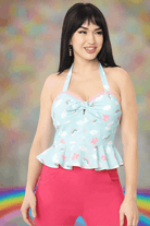 Shop Unique Vintage Unique Vintage Aqua & Rainbow Print Peplum Halter Top Top for women – premium loungewear and festival fashion at Spoiled Brat