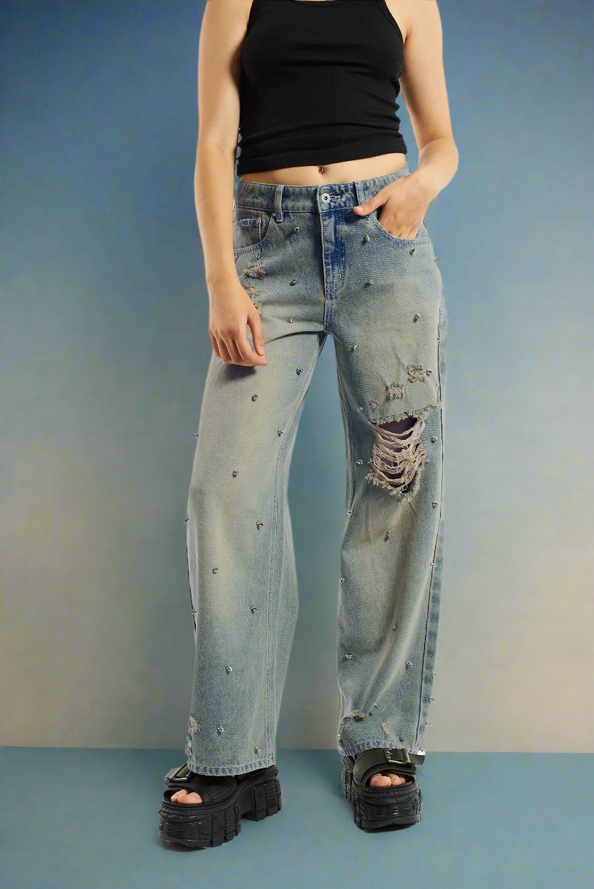 Shop The Ragged Priest The Ragged Priest Dirty Wash Distressed Release Stud Jeans online at Spoiled Brat