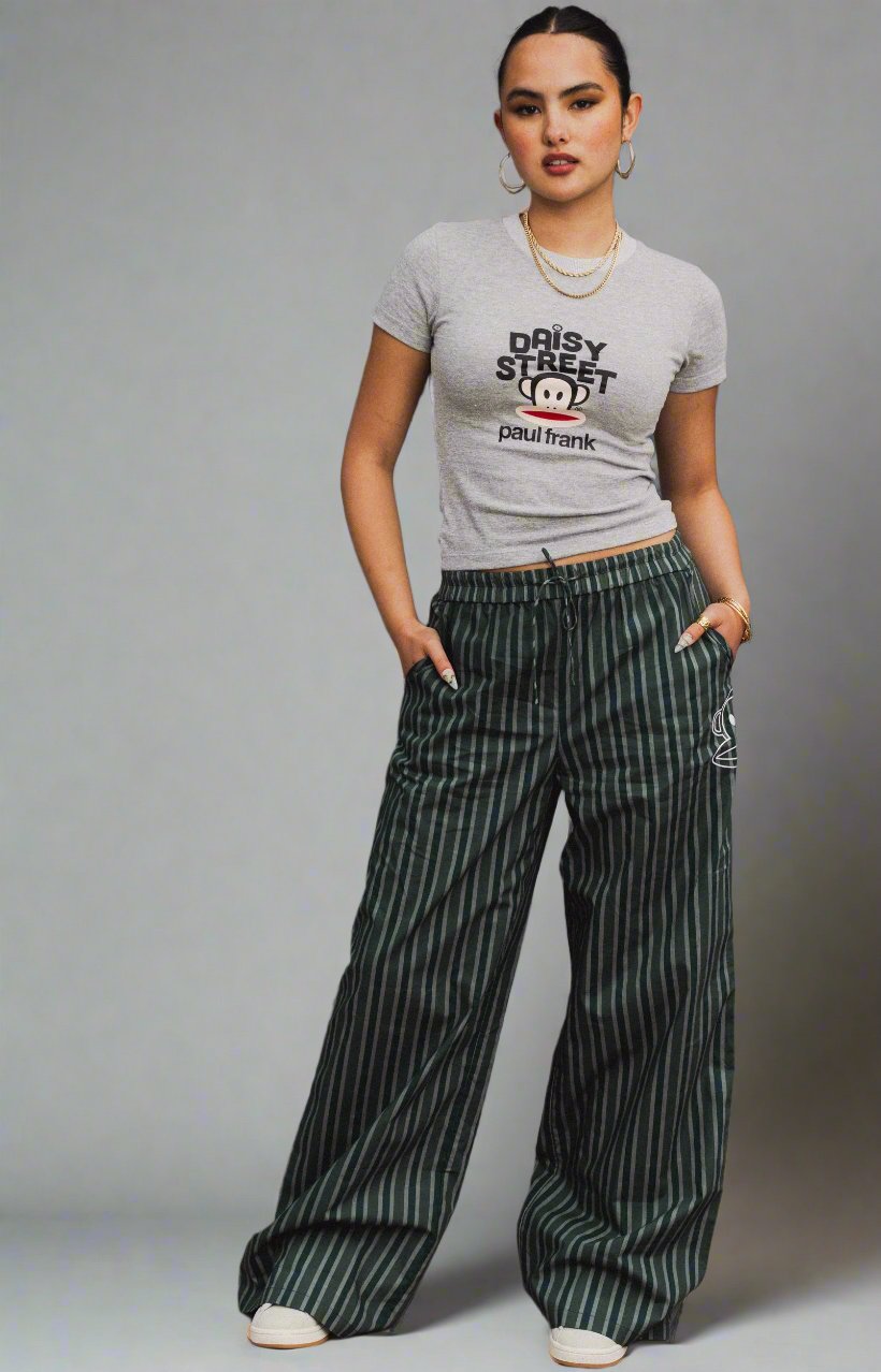 Shop Daisy Street Daisy Street x Paul Frank Low Rise Stripe Trousers with Julius Embroidery online at Spoiled Brat