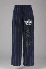 Navy pinstripe pants by Boys Lie with white text and logo on a white background