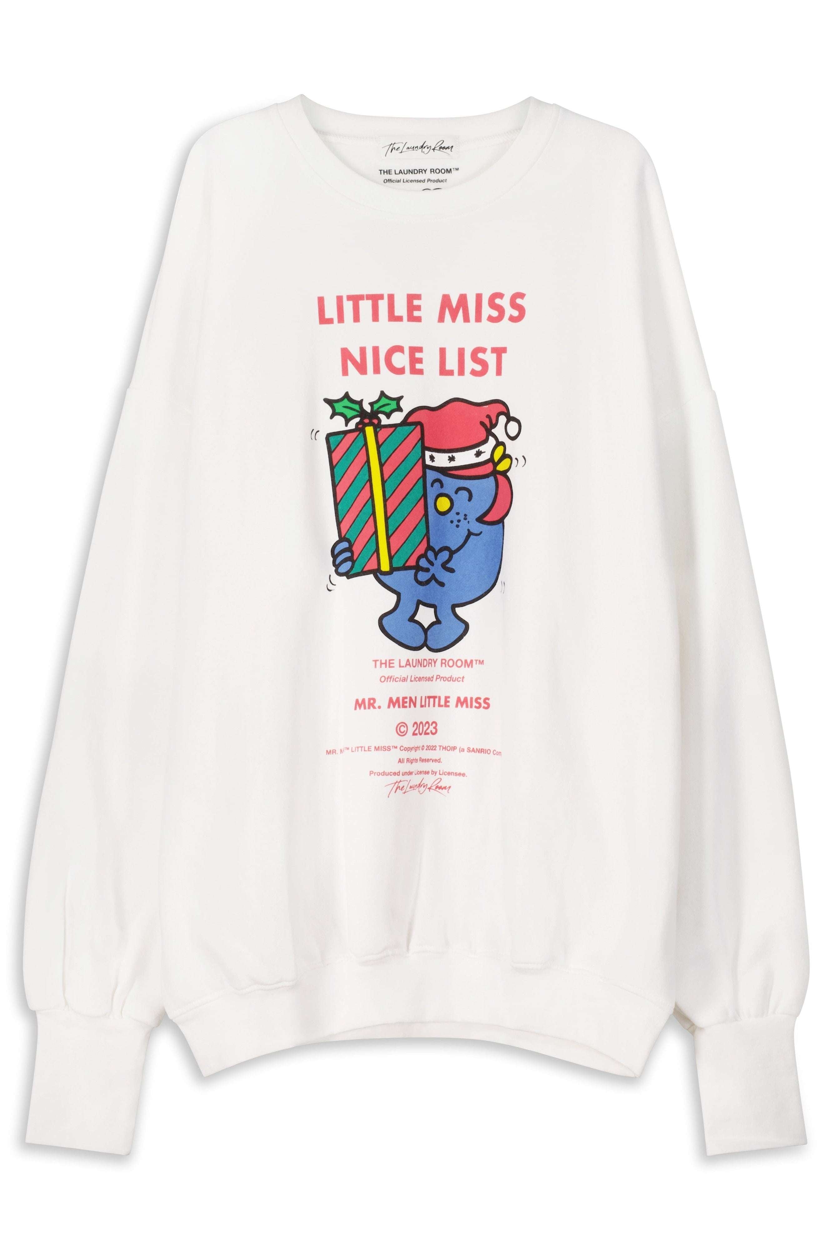 White sweatshirt with a cartoon character and text on a white background