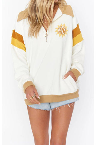 Shop Show Me Your Mumu Benny Half Zip Sweatshirt Good Times Graphic Knit Sweater as seen on Chloe Meadows - Premium Sweater from Show Me Your Mumu Online now at Spoiled Brat 