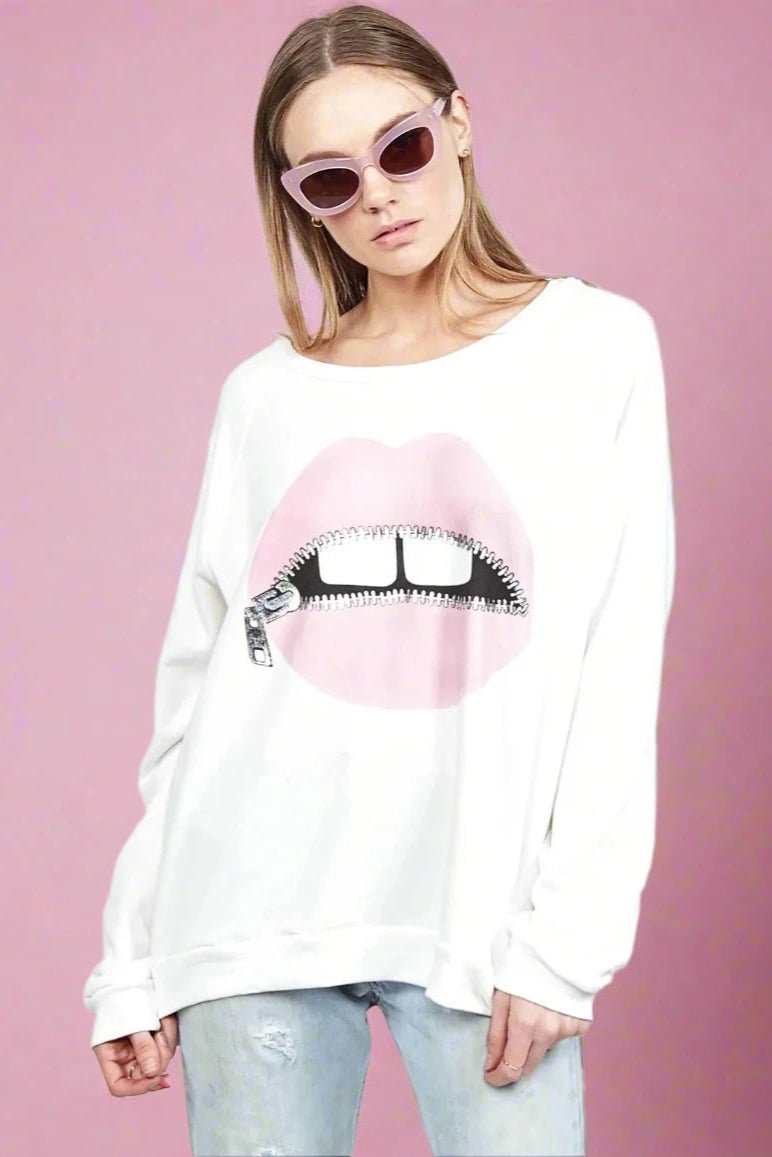 Shop Lauren Moshi Lauren Moshi Noleta Zipper Mouth Sweatshirt Sweater for women – premium loungewear and festival fashion at Spoiled Brat