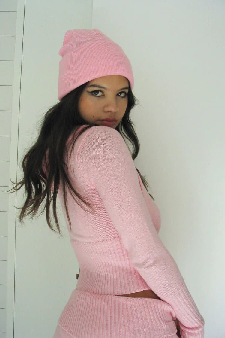 Shop Frankies Bikinis Frankies Bikinis Aimee Zip Up Cloud Knit Hoodie in Valentine Pink as seen on Addison Rae online at Spoiled Brat