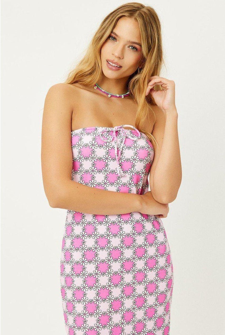 Shop Frankies Bikinis Hope Strapless Terry Dress in Pink Daisy - Premium Midi Dress from Frankies Bikinis Online now at Spoiled Brat 