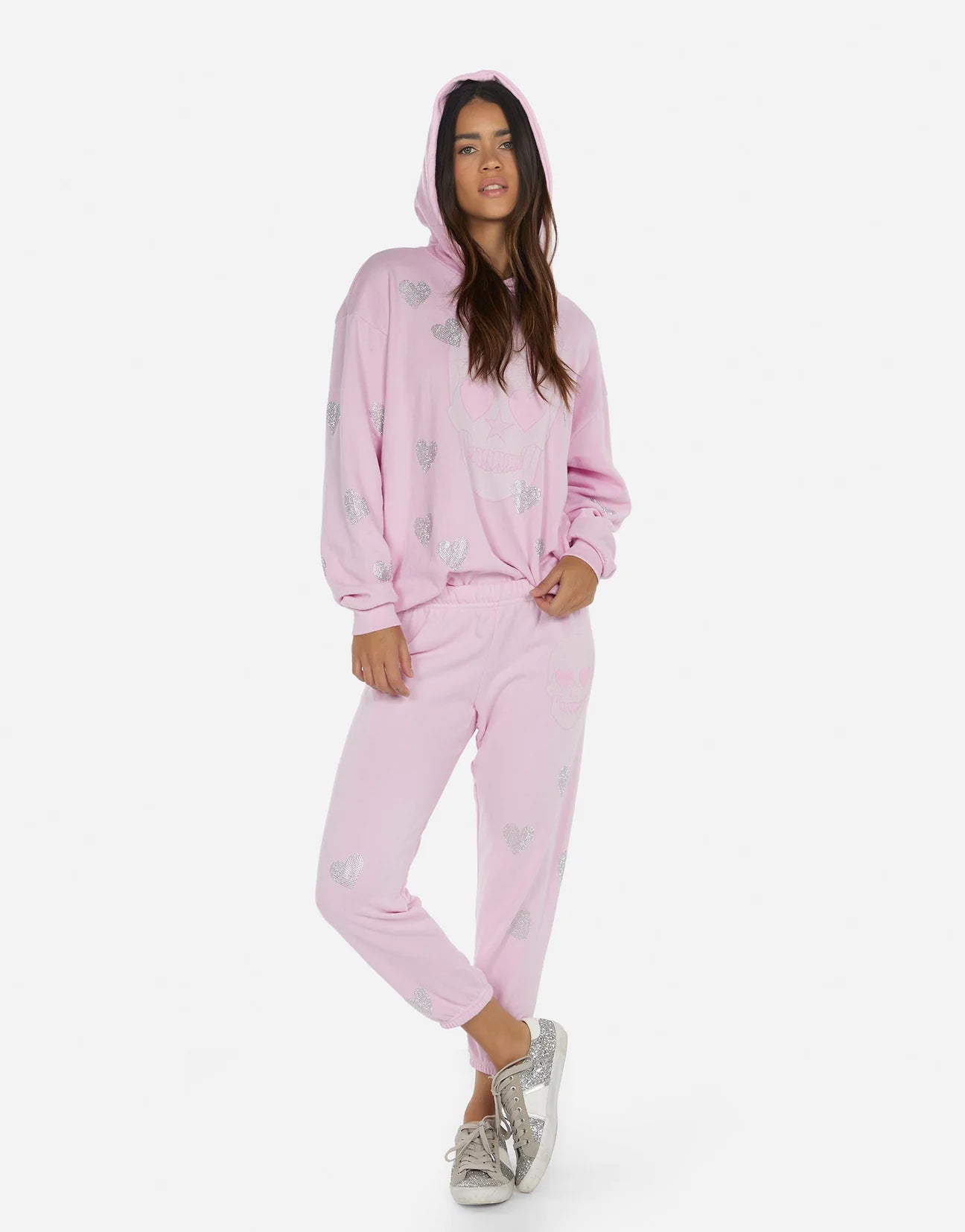 Shop Lauren Moshi Alana Crystal Pink Peace Love Skull Sweatpants - Premium Joggers from Lauren Moshi Online now at Spoiled Brat 
