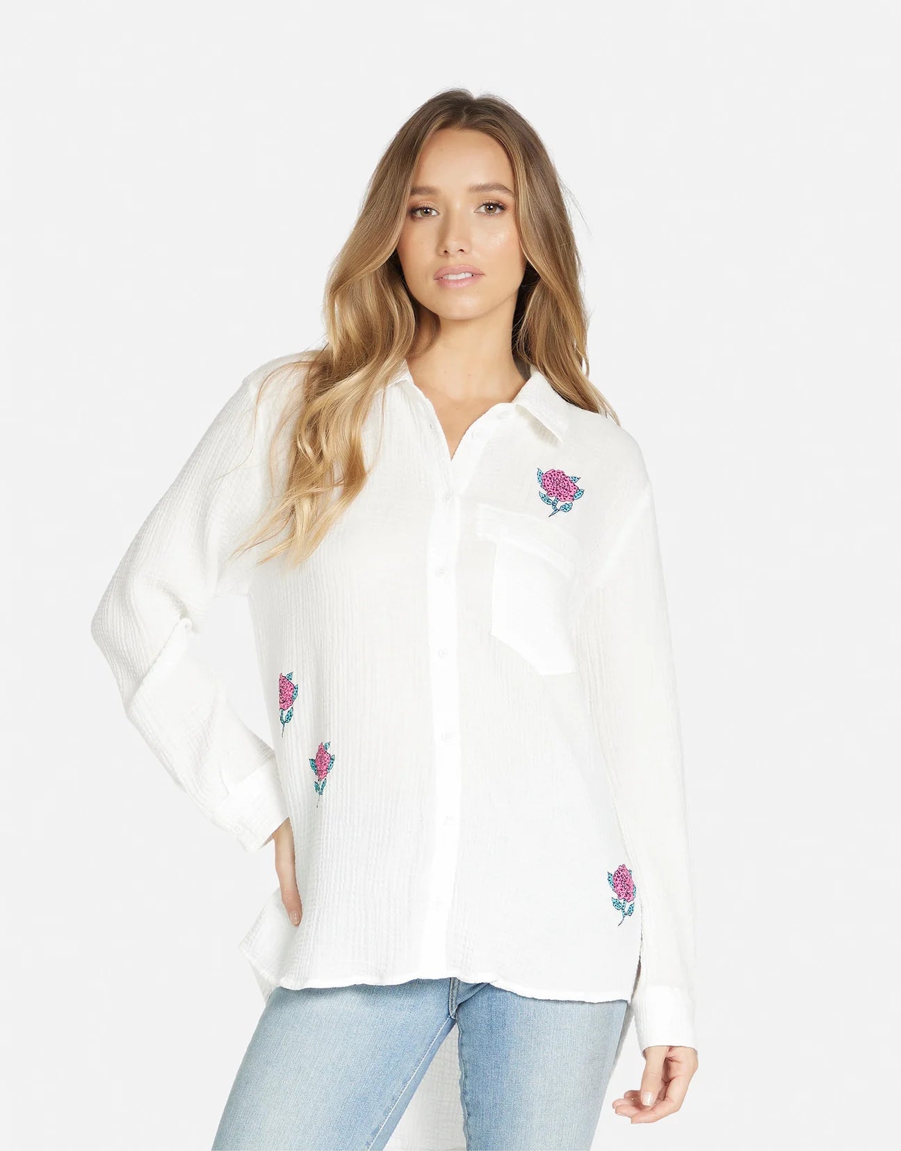 Shop Lauren Moshi Dara Crystal Roses Shirt - Premium Denim Shirt from Lauren Moshi Online now at Spoiled Brat 