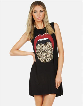 Shop Lauren Moshi Deanna Leopard Tongue Rolling Stones Mini Dress - Premium Casual Dress from Lauren Moshi Online now at Spoiled Brat 