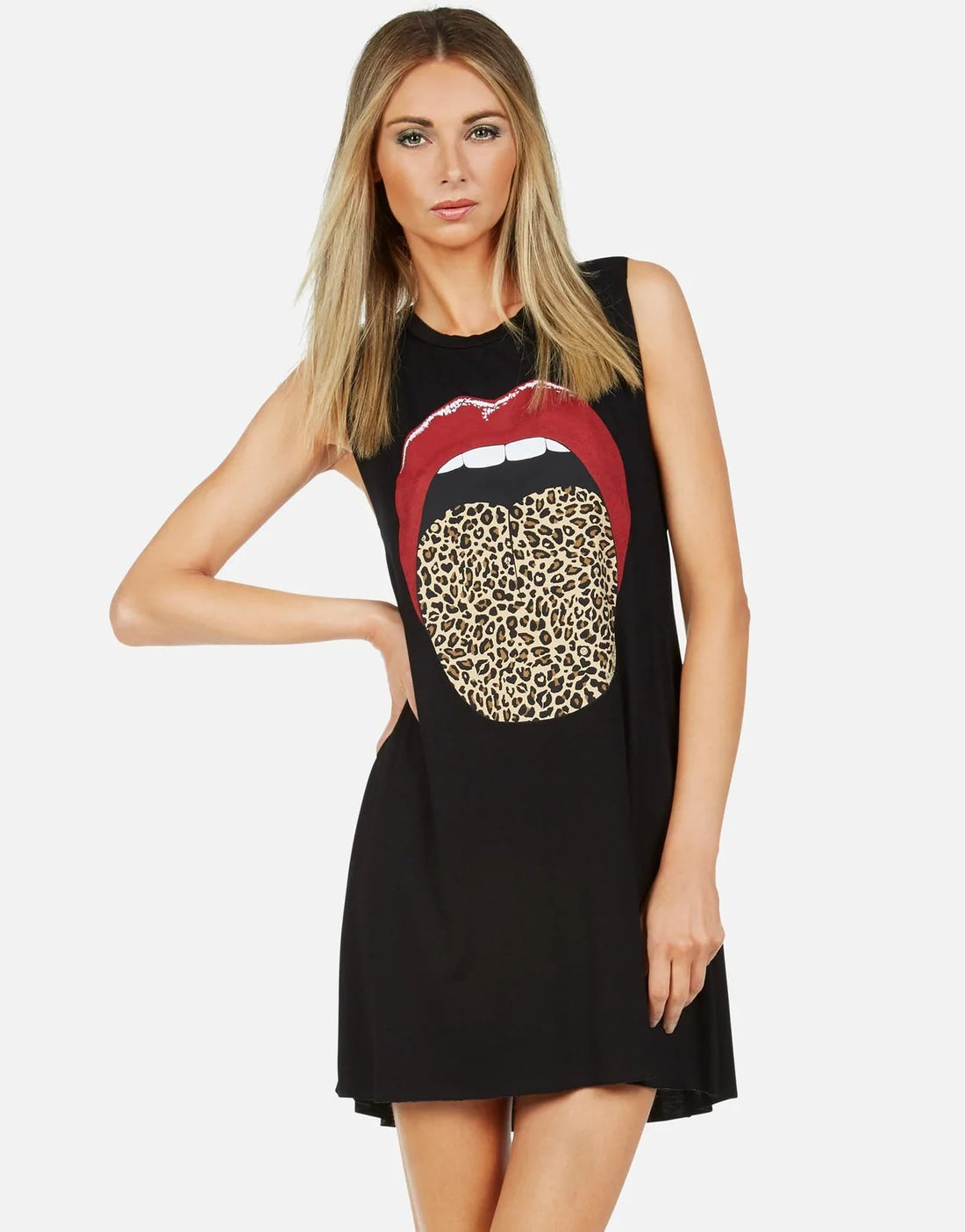 Shop Lauren Moshi Deanna Leopard Tongue Rolling Stones Mini Dress - Premium Casual Dress from Lauren Moshi Online now at Spoiled Brat 