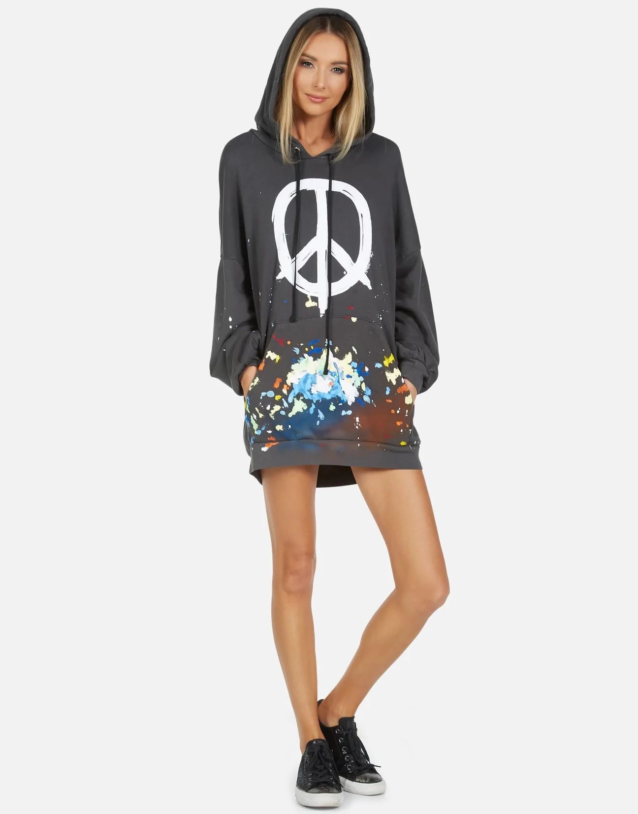 Shop Lauren Moshi Desiree Brush Peace Hoodie Dress - Premium Hooded Sweatshirt from Lauren Moshi Online now at Spoiled Brat 