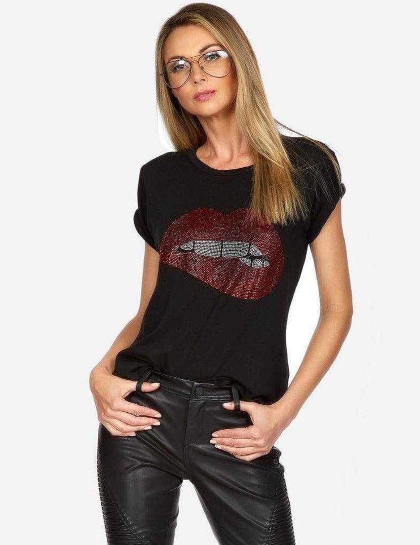 Shop Lauren Moshi Lauren Moshi Edda Crystal Biting Lip T-Shirt T-Shirt for women – premium loungewear and festival fashion at Spoiled Brat