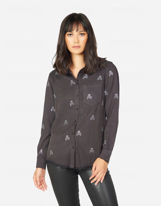 Shop Lauren Moshi Sloane Mini Crystal Cross Bone Skulls Shirt - Premium Denim Shirt from Lauren Moshi Online now at Spoiled Brat 