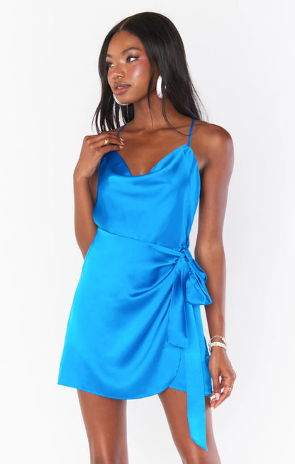 Shop Show Me Your Mumu Eve Blue Satin Mini Dress - Premium Party Dress from Show Me Your Mumu Online now at Spoiled Brat 