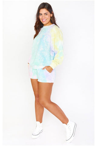 Shop Show Me Your Mumu Tie Dye Girlfriend Shorts as seen on Chloe Meadows - Premium Casual Shorts from Show Me Your Mumu Online now at Spoiled Brat 