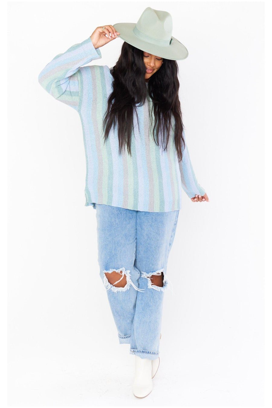 Shop Show Me Your Mumu SHOW ME YOUR MUMU TRUE BLUE ATLAS SWEATER in the style of Vanessa Hudgens online at Spoiled Brat