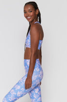 Shop Spiritual Gangster Spiritual Gangster Studio Eco Jersey Sports Bra in Jacaranda Print Cropped Top for women – premium loungewear and festival fashion at Spoiled Brat