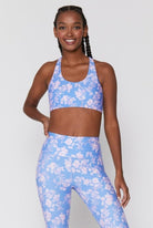 Shop Spiritual Gangster Spiritual Gangster Studio Eco Jersey Sports Bra in Jacaranda Print Cropped Top for women – premium loungewear and festival fashion at Spoiled Brat