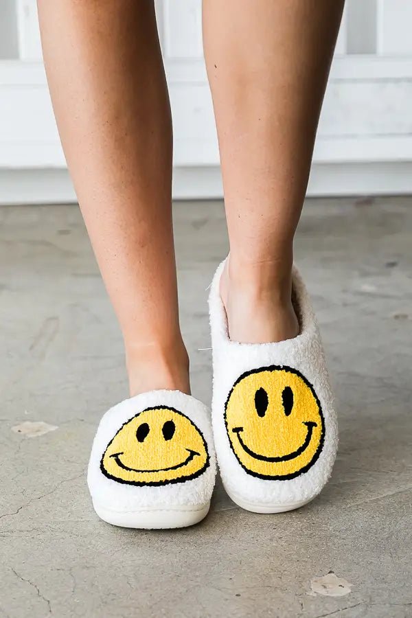 Shop Smiley Face Slippers in Yellow as seen on Kirsten Stewart - Premium Slippers from Spoiled Brat Online now at Spoiled Brat 