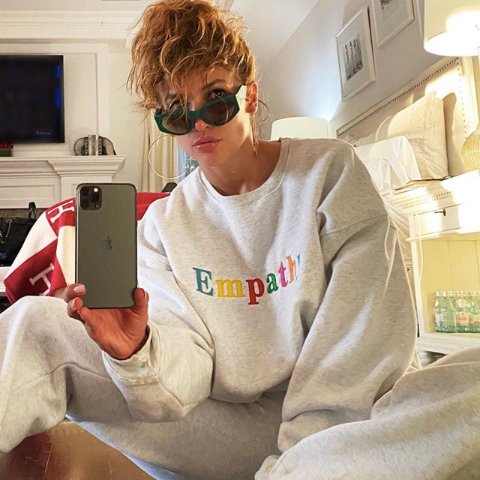 Shop Mayfair EMPATHY ALWAYS Grey Crewneck Sweater as seen on J-Lo - Premium Sweater from The Mayfair Group Online now at Spoiled Brat 