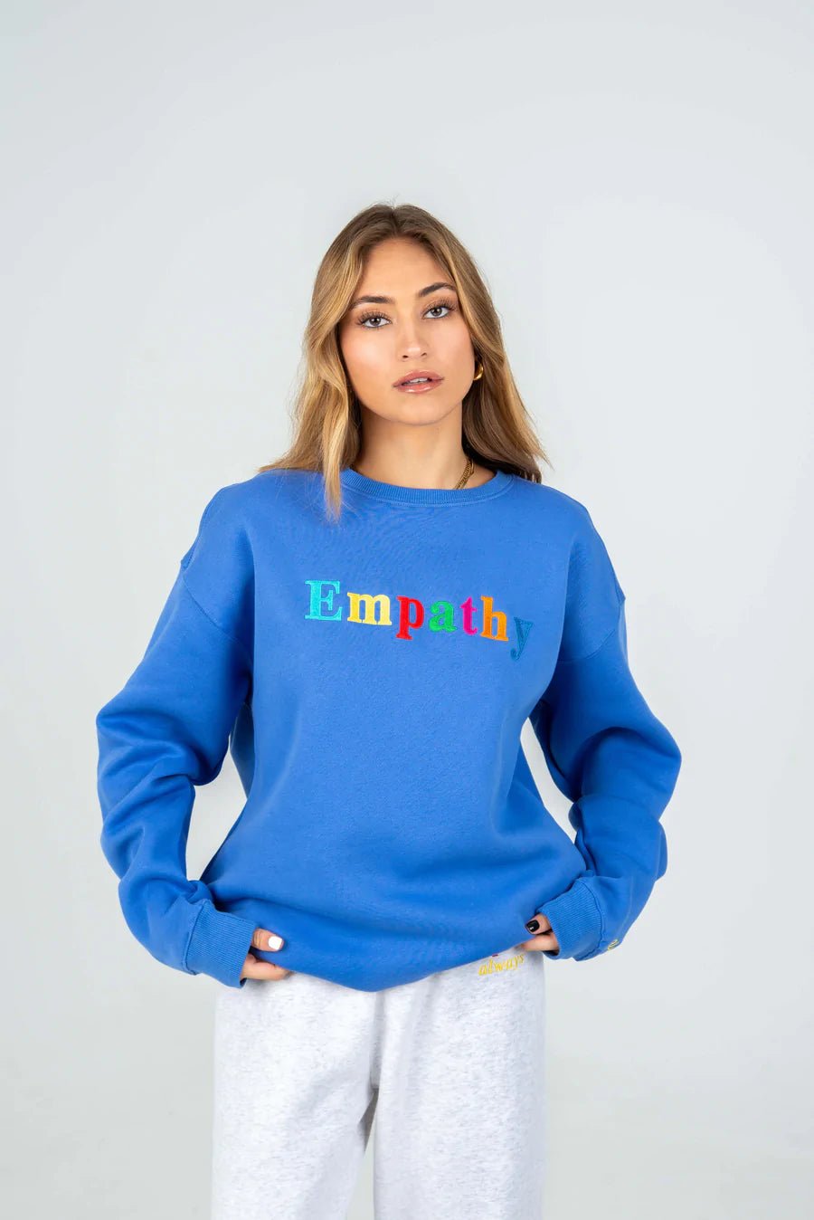 Shop Mayfair EMPATHY ALWAYS Royal Blue Crewneck as seen on Haley Lu Richardson - Premium Sweater from The Mayfair Group Online now at Spoiled Brat 