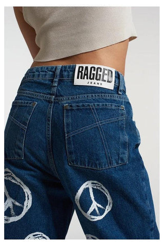 Shop The Ragged Priest Peace Printed Dad Jeans as seen on Chloe Sims - Premium Boyfriend Jeans from The Ragged Priest Online now at Spoiled Brat 