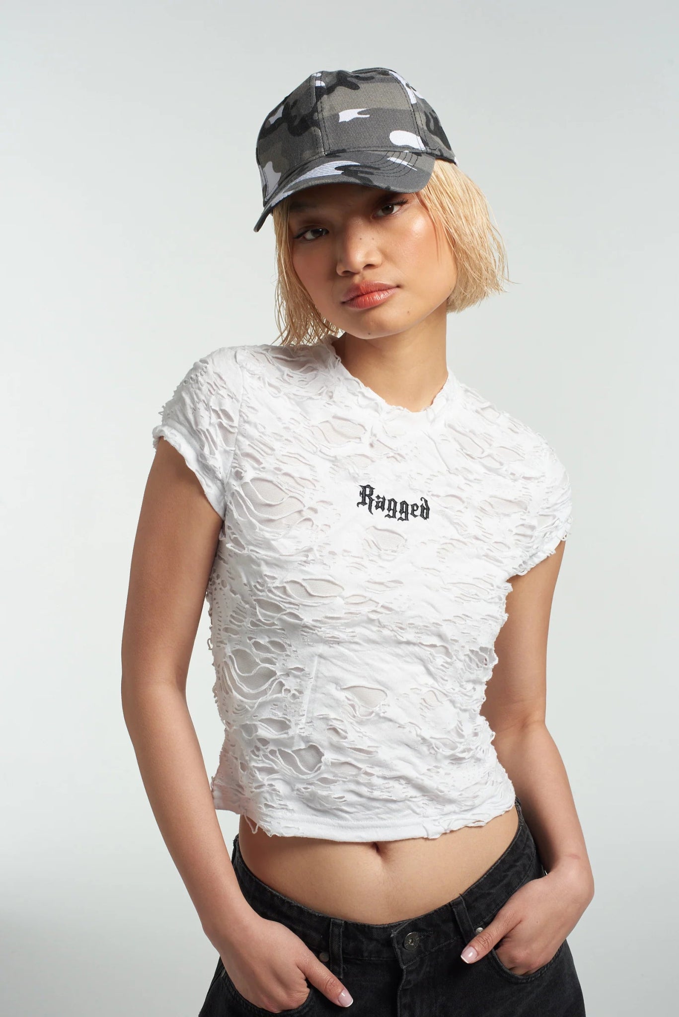 The Ragged Priest White Shredded Baby Tee