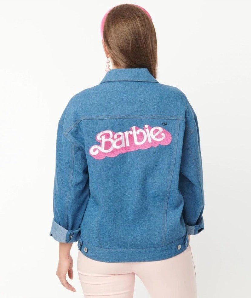 Shop Barbie x Unique Vintage Barbie Logo Kerstie Jean Jacket - Premium Denim Jackets from Unique Vintage Online now at Spoiled Brat 
